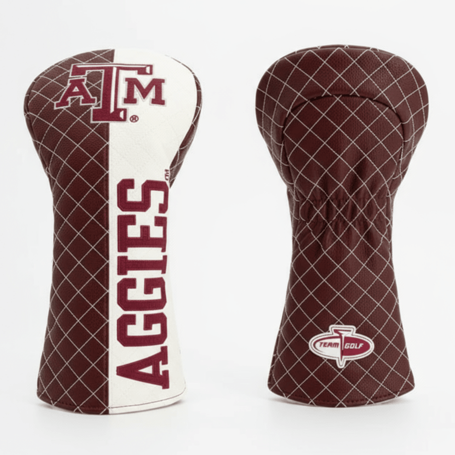 Two golf club head covers with Texas A&M Aggies branding on a white background