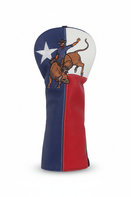 Golf club head cover with Texas flag design featuring a cowboy and bull.