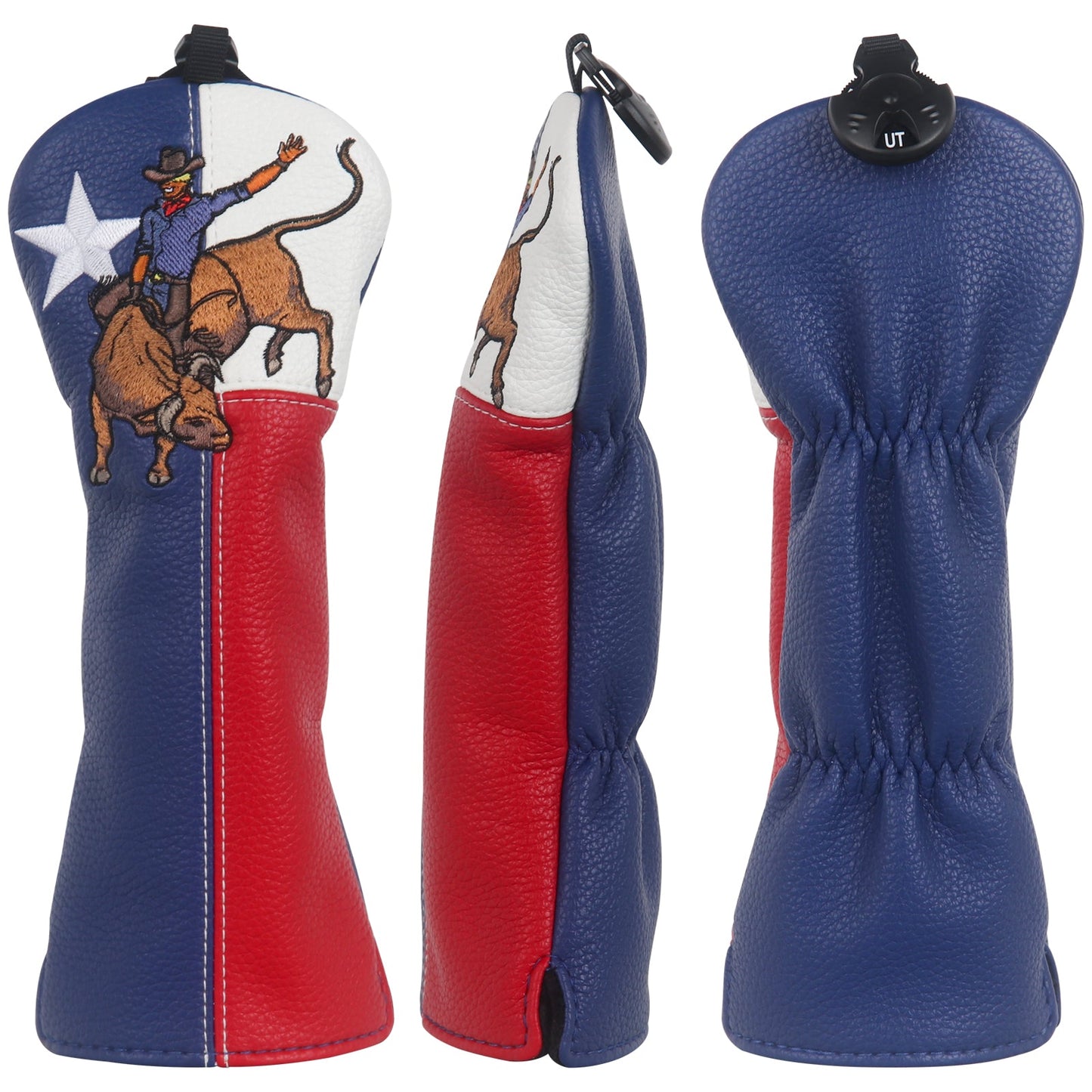 Golf club head cover with Texas flag design featuring a cowboy and bull.