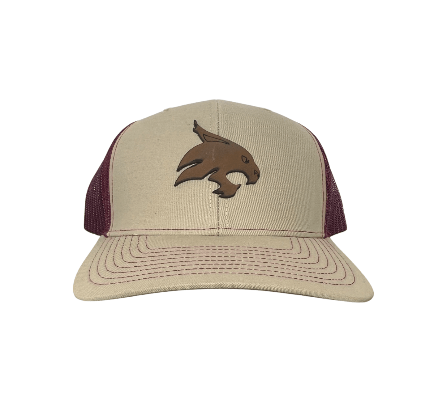 Texas State Leather Bobcat Logo Patch Hat / TXST051 / MM - Khaki / Maroon Curved Bill Mesh Snapback - Club Rehab