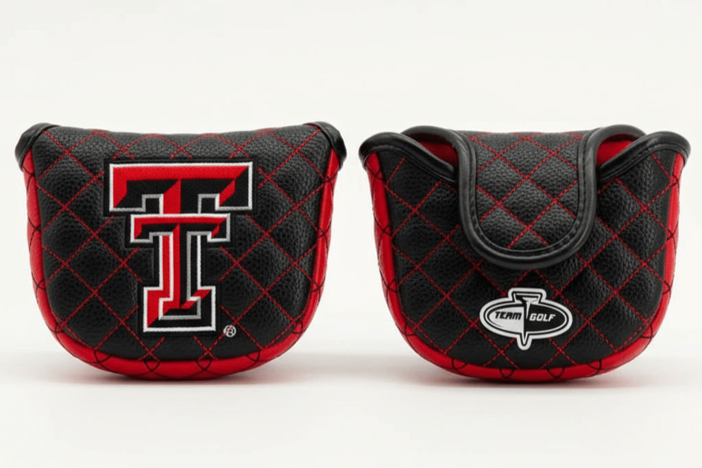 Two black and red golf club covers with Texas Tech logo on a white background