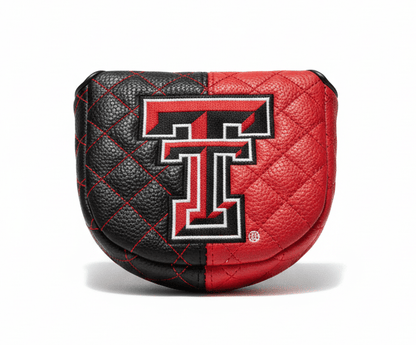 Quilted leather golf club head cover with Texas Tech logo on a white background