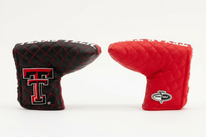 Two quilted golf club covers, one black with a red logo and one red with a white logo, on a white background.