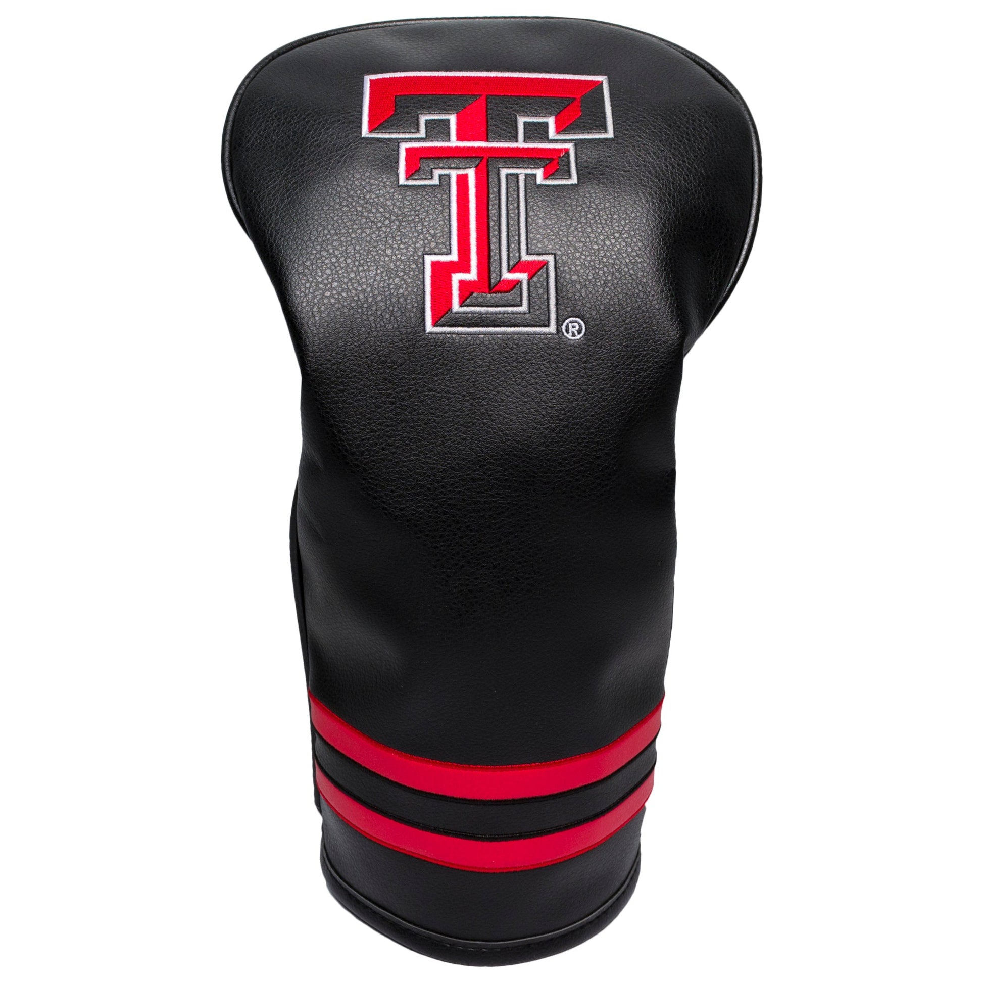 Black golf club head cover with red and white logo on a white background