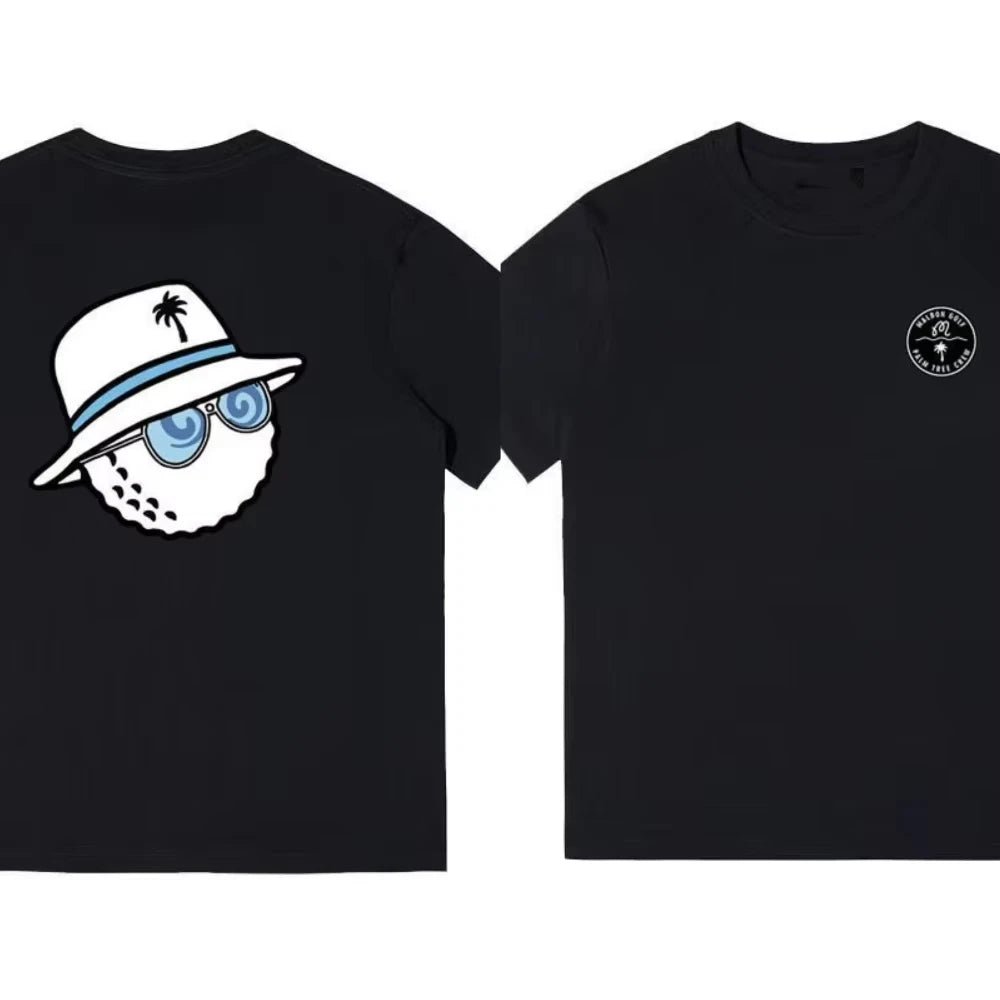 Black t-shirt with a graphic of a character wearing a hat and sunglasses on one side, and a small logo on the other side.