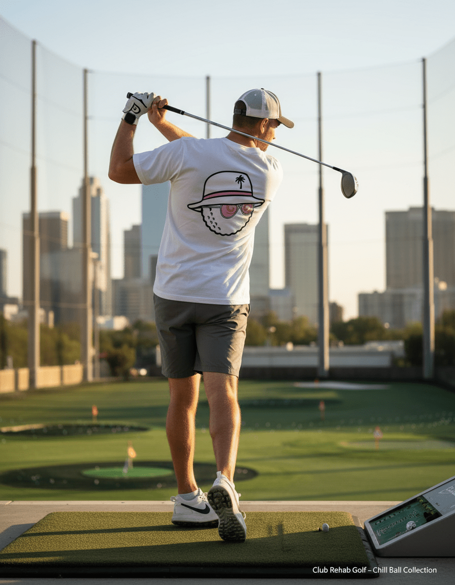 Person practicing golf swings on a driving range with city skyline in the background