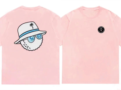 Pink t-shirt with a cartoon character on the front and a small logo on the back.