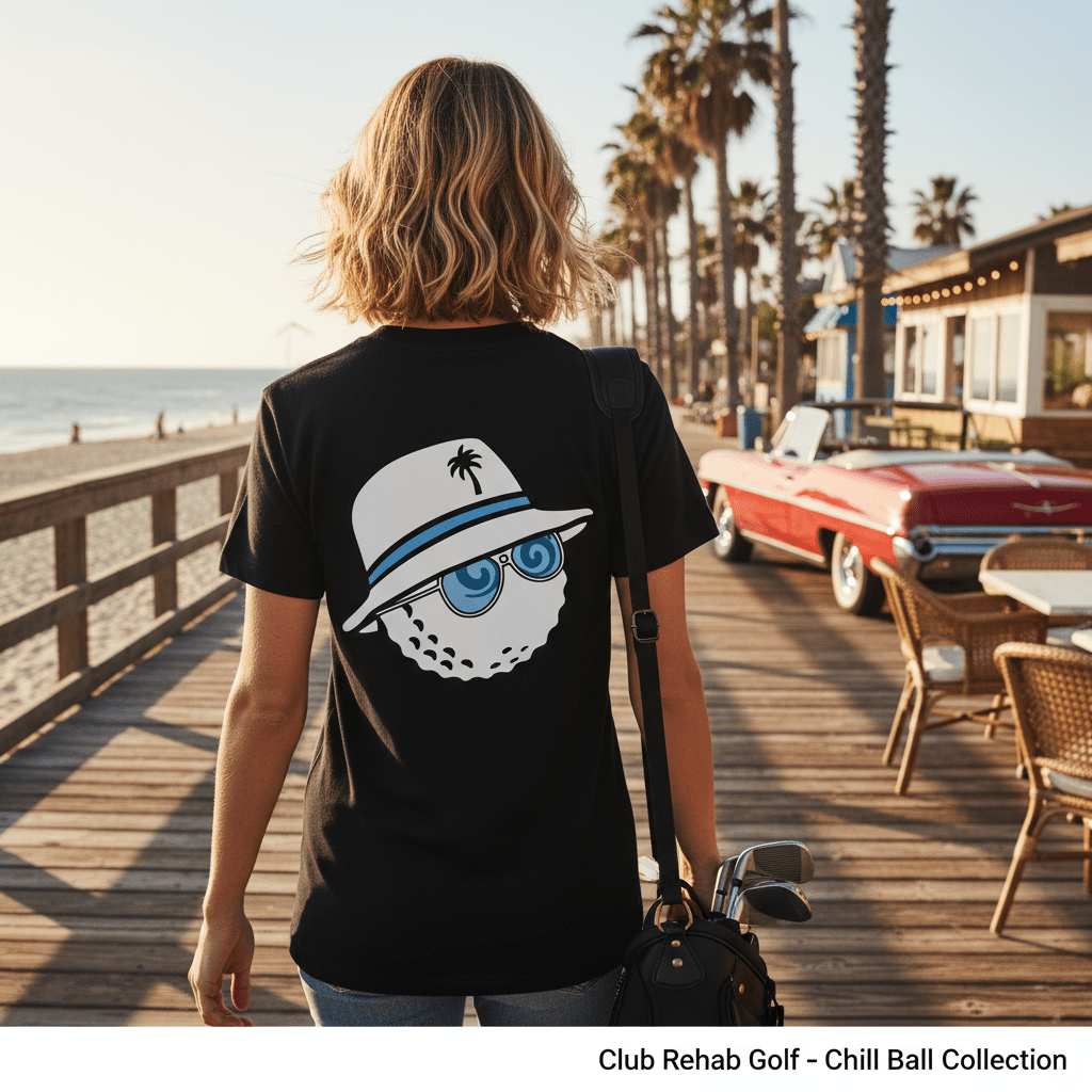 Person wearing a black t-shirt with a graphic design on a wooden boardwalk by the beach.