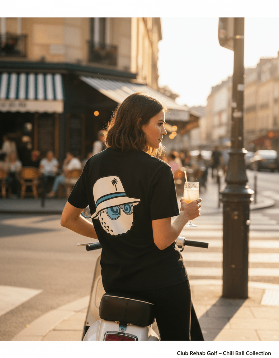 Woman in a black t-shirt with a graphic design, holding a drink on a city street.