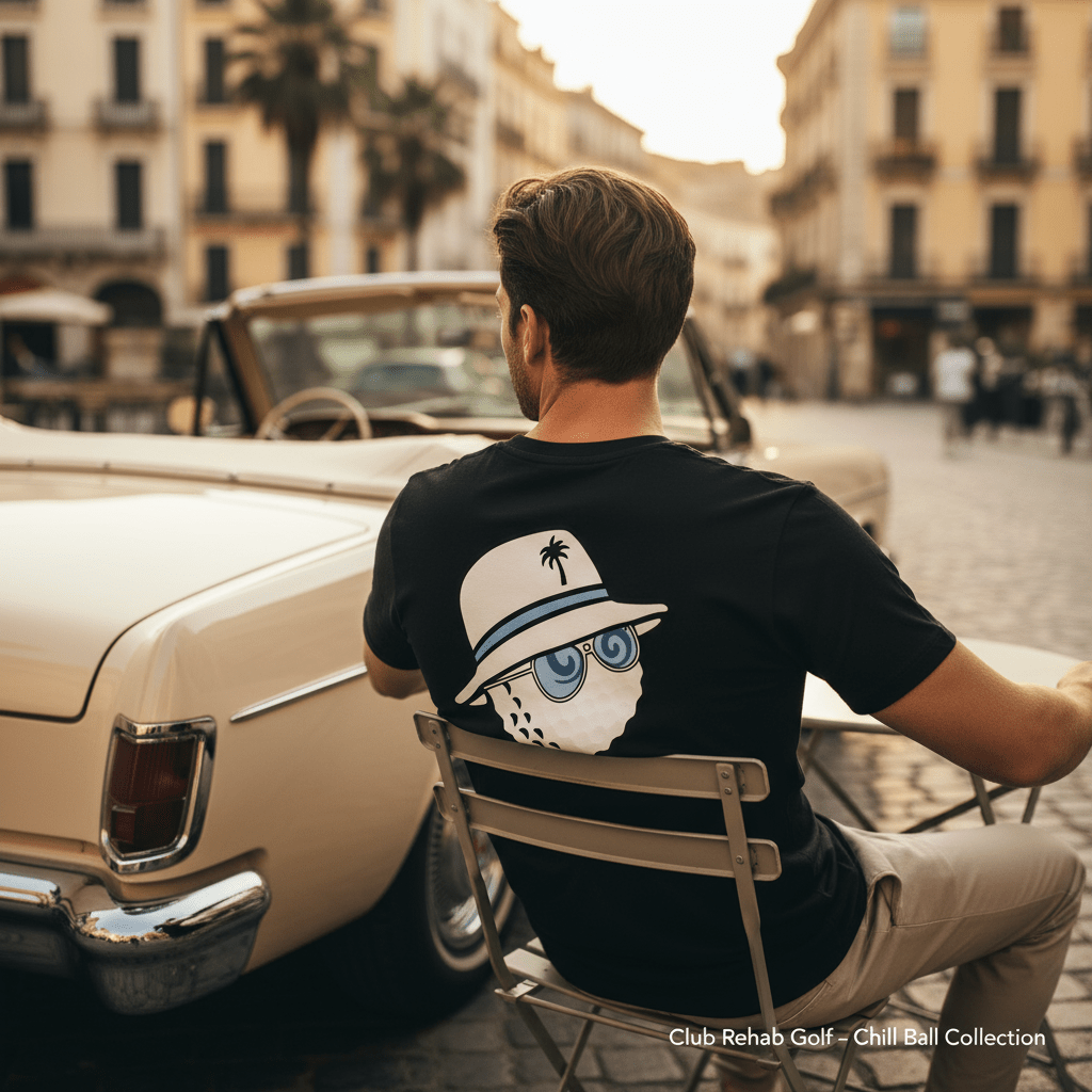 Man sitting on a chair in front of a vintage car with a palm tree design on his shirt.