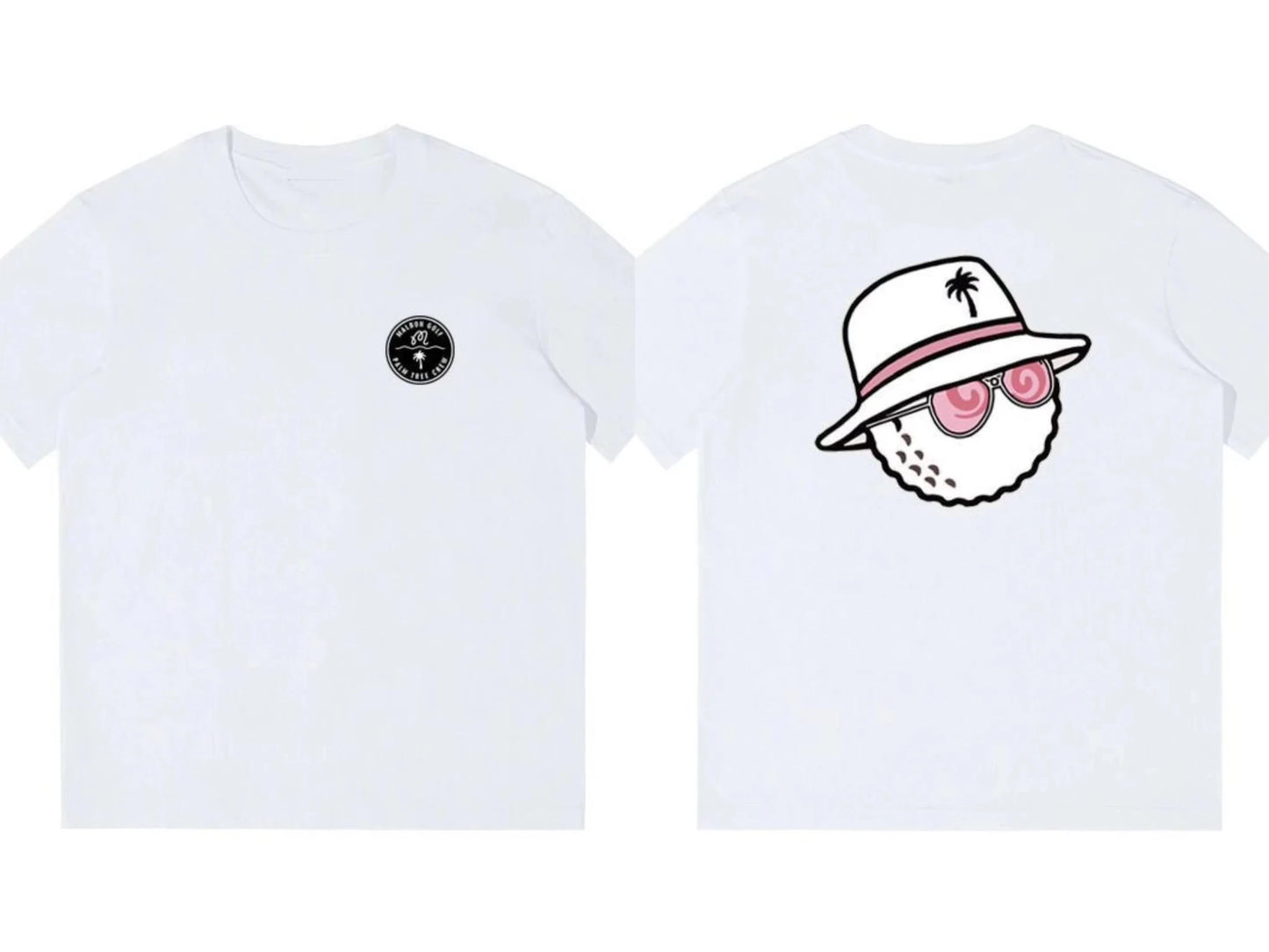 Two white t-shirts with a graphic design on a white background