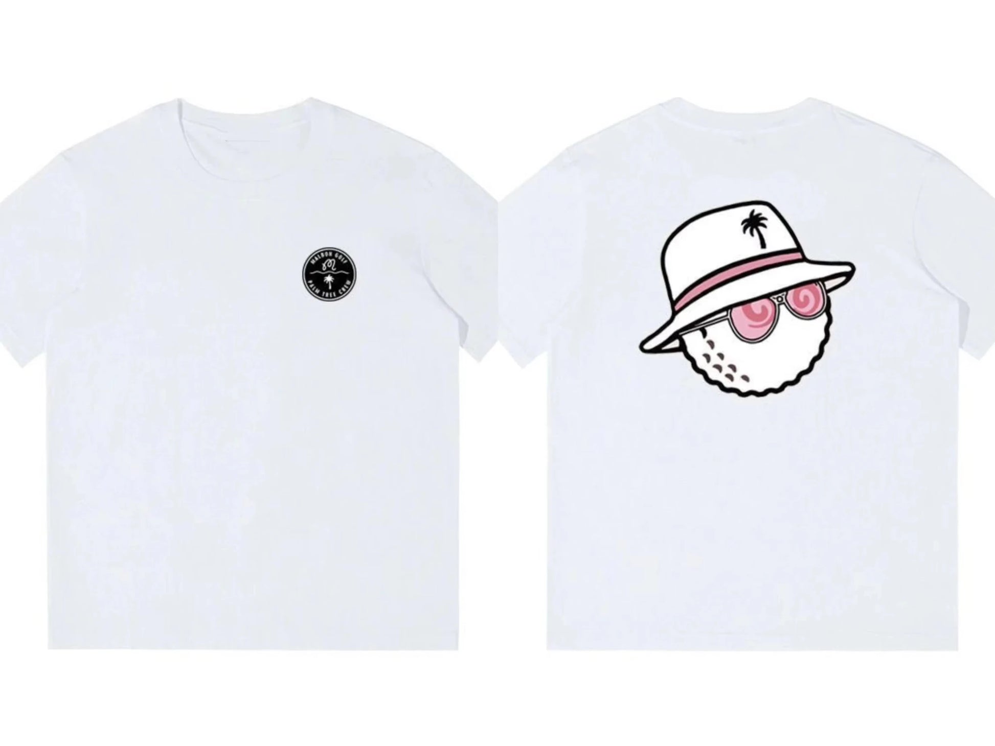Two white t-shirts with a graphic design on a white background