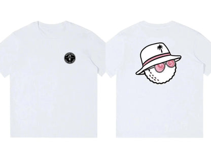 Two white t-shirts with a graphic design on a white background