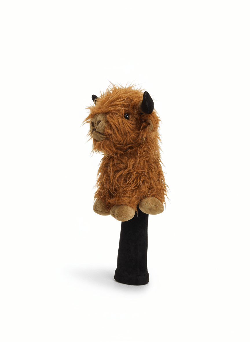 Plush highland cow side view on a white background