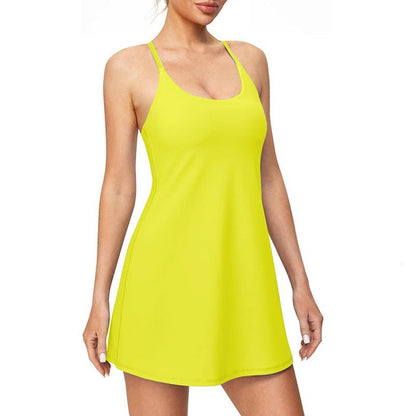 Yellow dress worn by a model on a white background