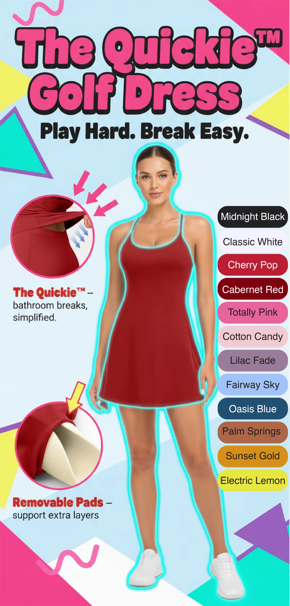 Promotional graphic for 'The Quickie' golf dress with color options and features.