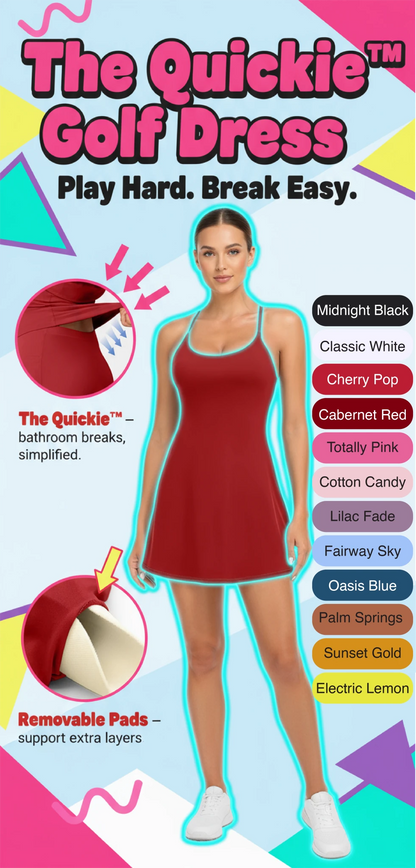 Promotional graphic for 'The Quickie' golf dress with color options and features.