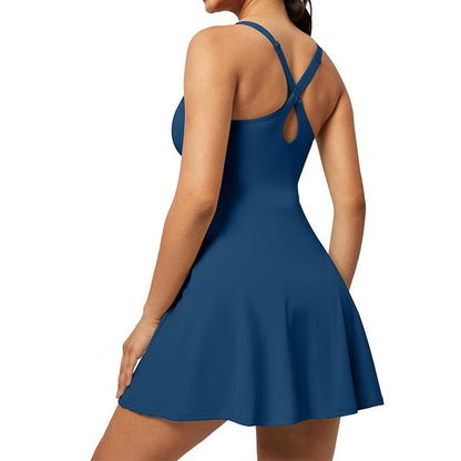 Blue dress worn by a model on a white background