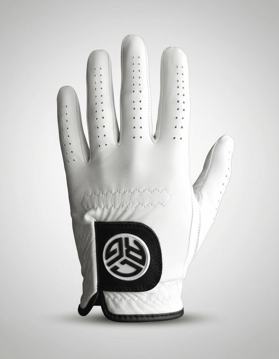 White golf glove with a black logo on a light gray background