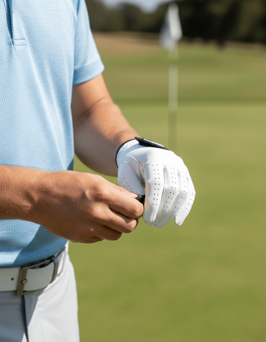 Person holding a golf club on a golf course with a blurred background