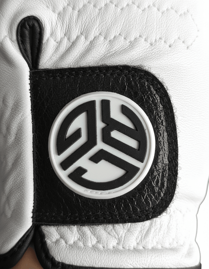 Close-up of a black and white logo on a white background