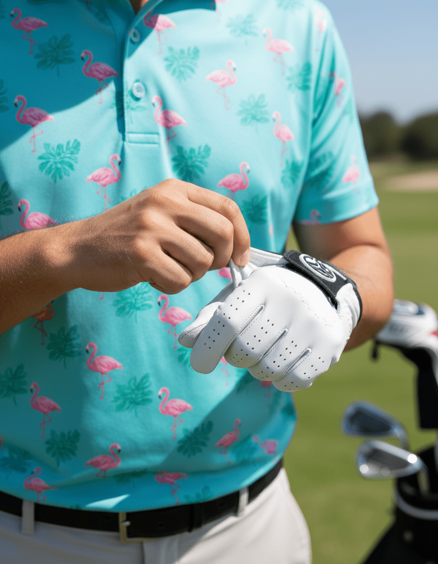 Person wearing a turquoise golf shirt with flamingo pattern, holding a white golf glove on a golf course.