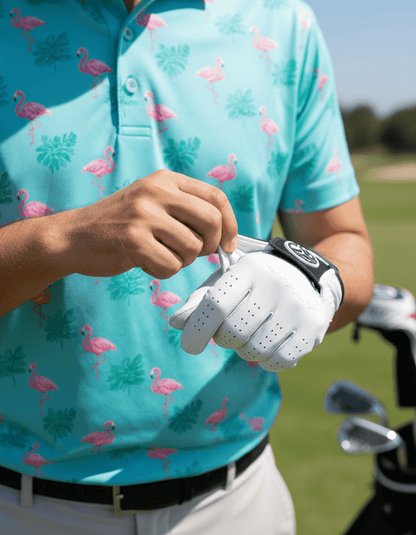 Person wearing a turquoise golf shirt with flamingo pattern, holding a white golf glove on a golf course.