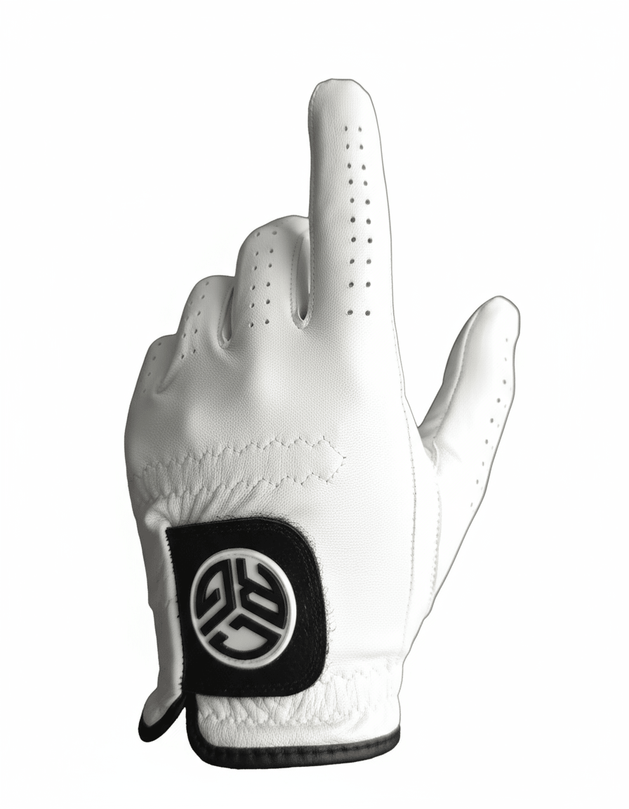 White golf glove with a black logo on a white background