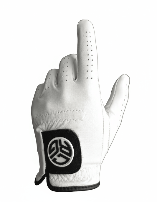 White golf glove with a black logo on a white background