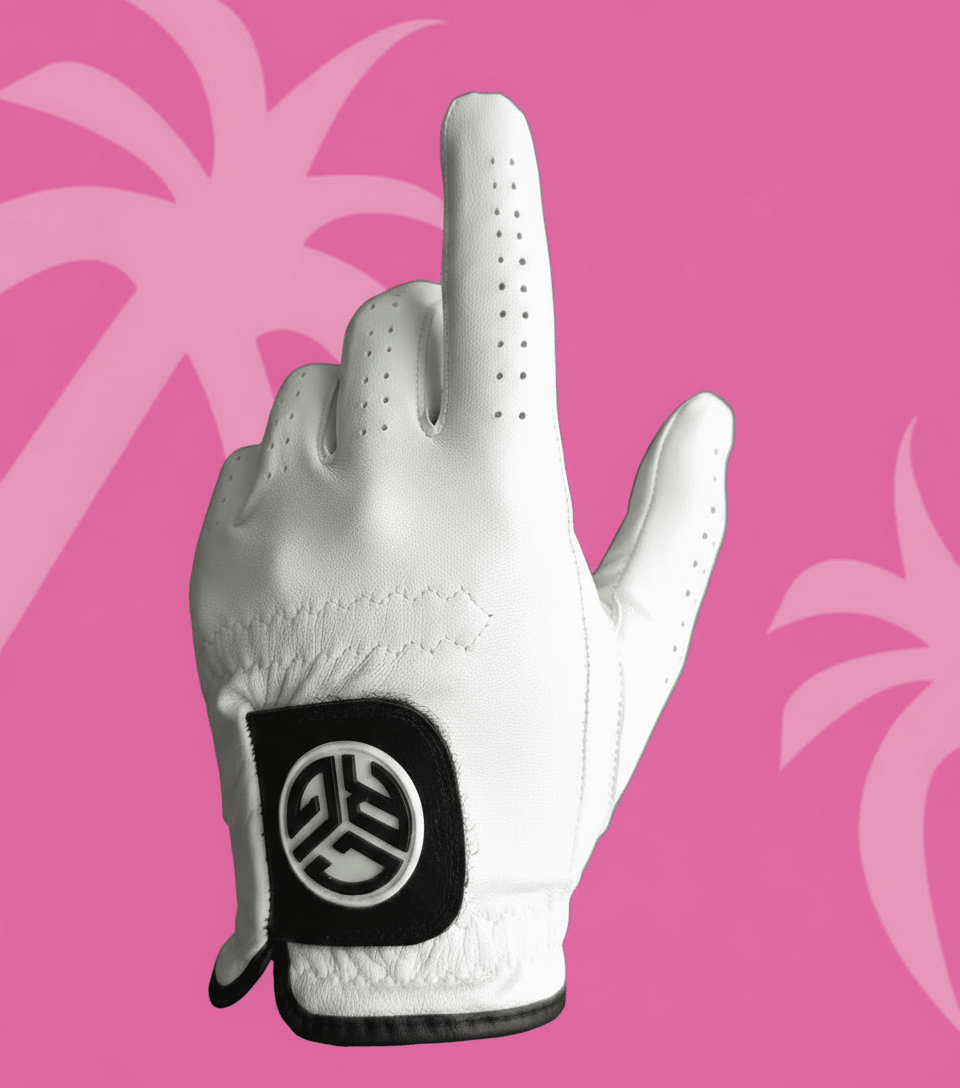 White golf glove with a black logo on a pink background with palm tree designs