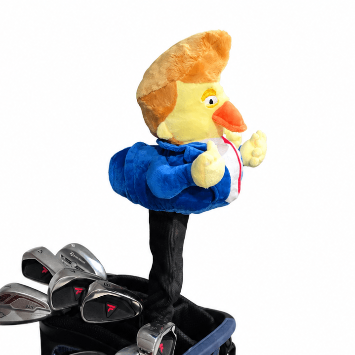 Golf bag with clubs and a cartoon character on top against a white background