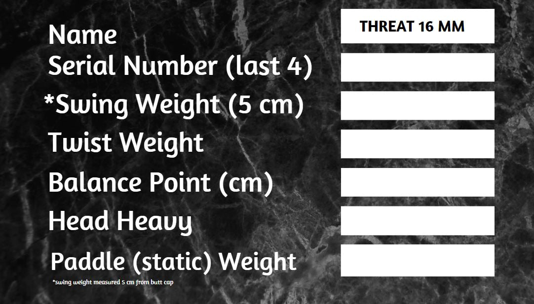 THREAT 16 Includes custom weight card, paddle cover, paddle eraser, and lead weights. - 119 (Medium Light - Club Rehab