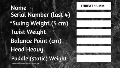 THREAT 16 Includes custom weight card, paddle cover, paddle eraser, and lead weights. - 119 (Medium Light - Club Rehab