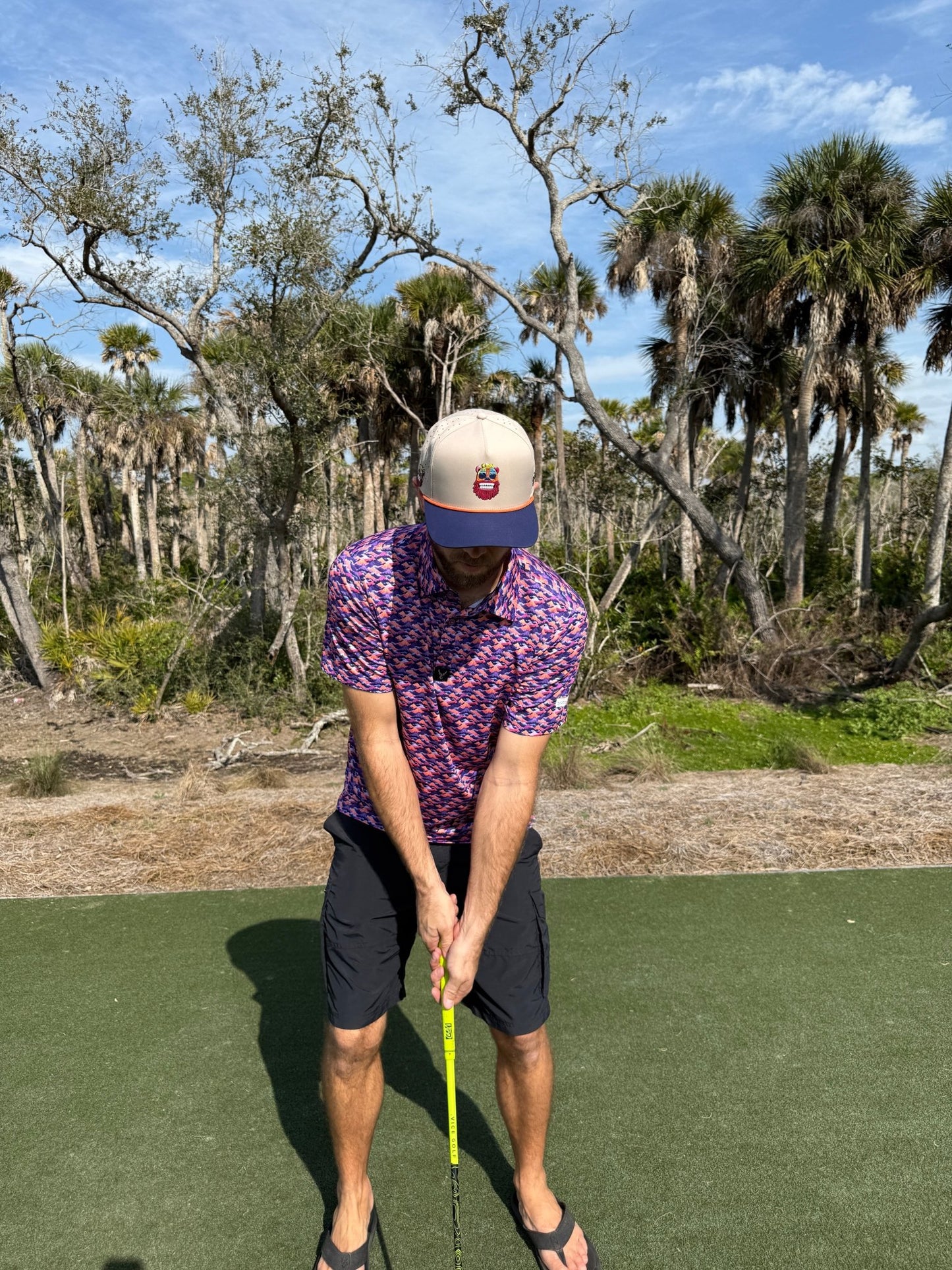 Tiki Bear Golf Hat | Snapback Cap | Built-in Magnetic Ball Marker Holder + Marker Included | Adjustable Multicolor - Club Rehab