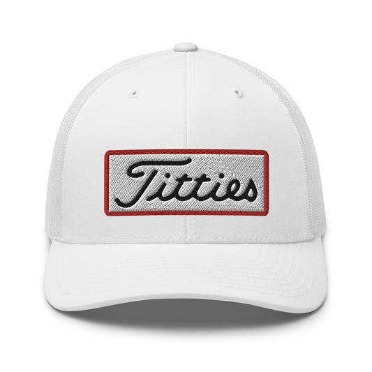 Titties Patch Trucker Hat - White - Club Rehab