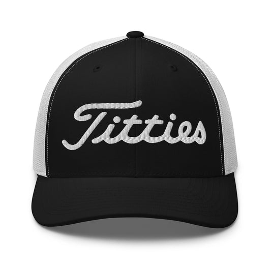 Black and white cap with 'Fitties' logo on a white background