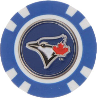 Blue poker chip with a logo featuring a bird and a red maple leaf on a white background