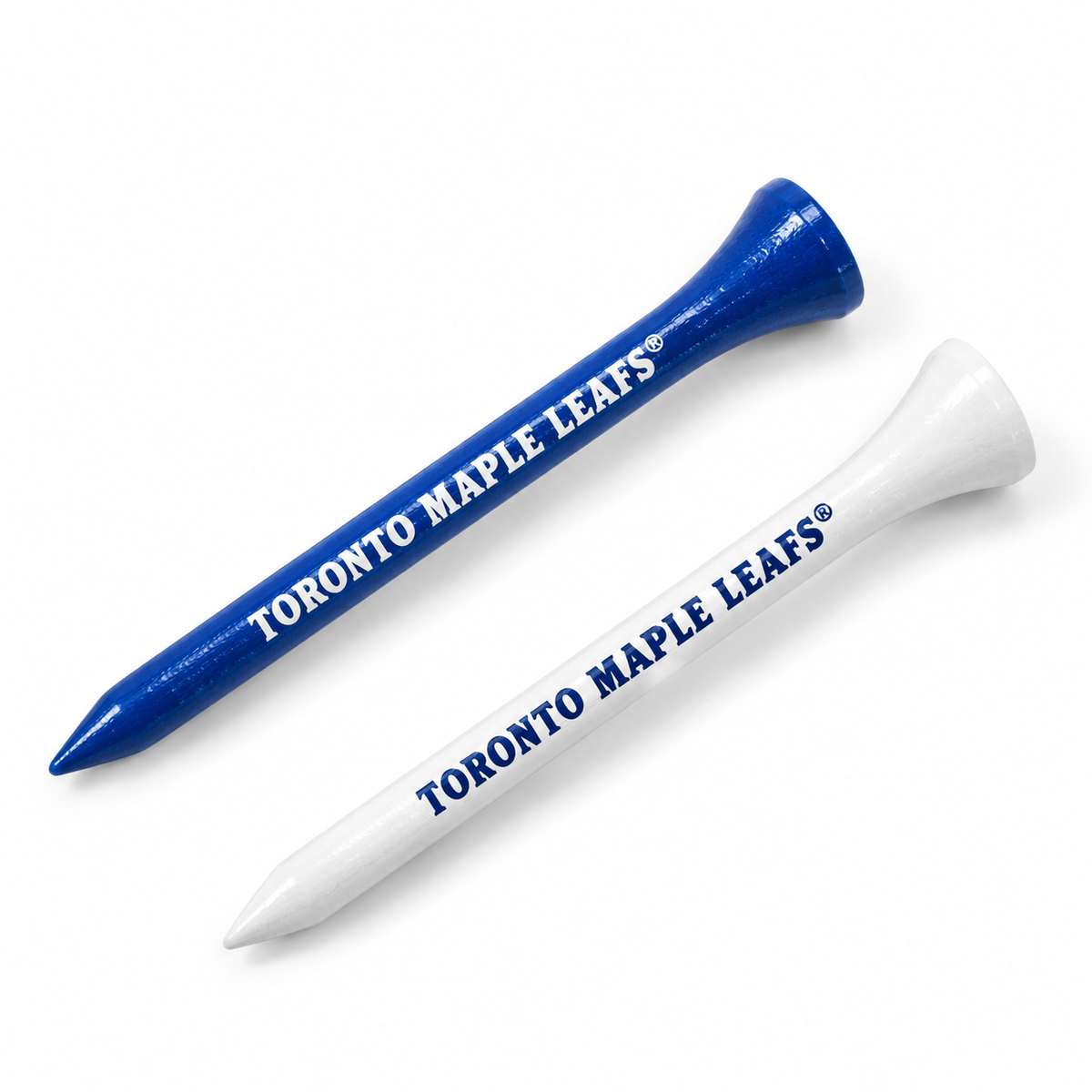 Toronto Maple Leafs golf tees in blue and white with team lettering.