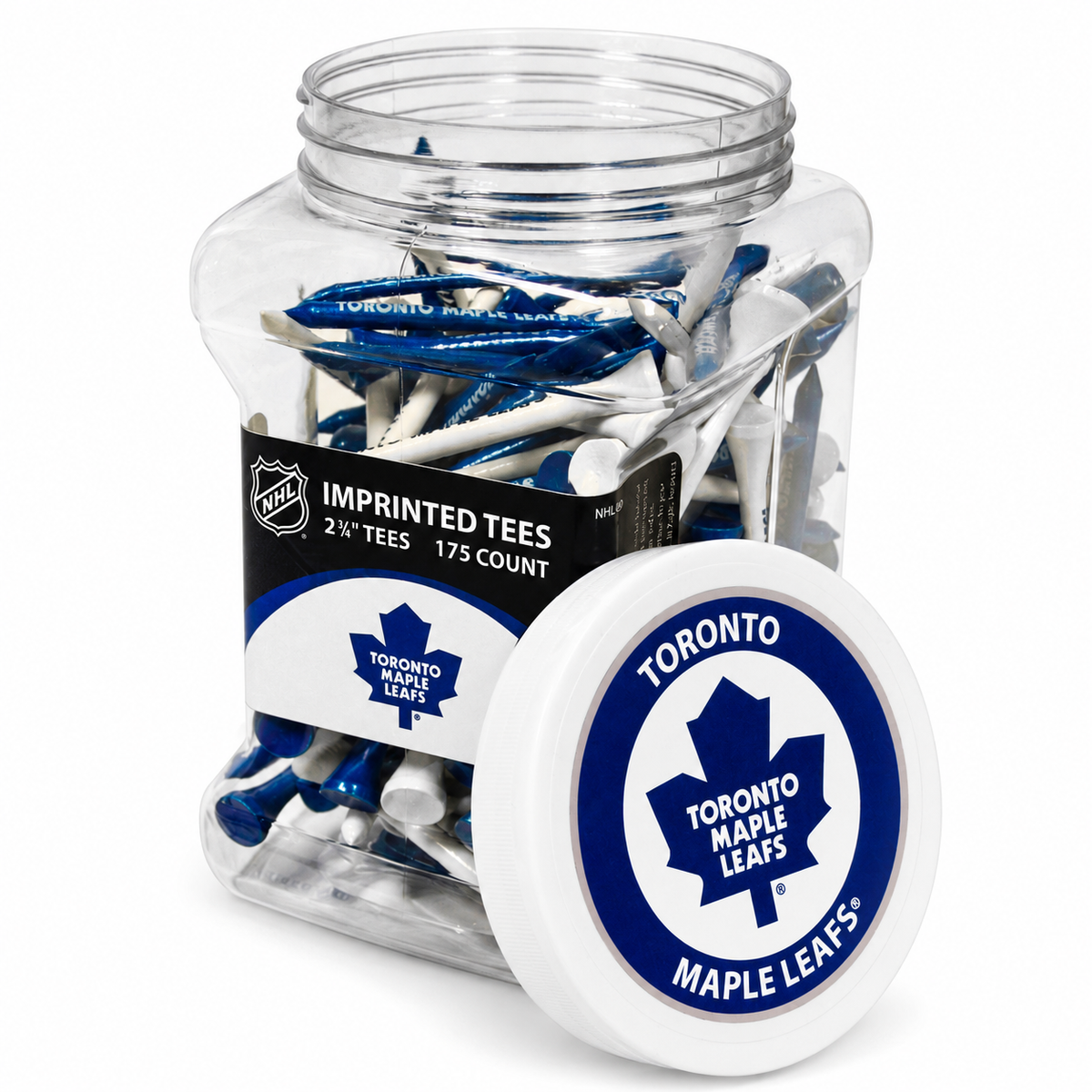 Toronto Maple Leafs jar containing 175 2¾-inch golf tees with its separate team-logo lid.