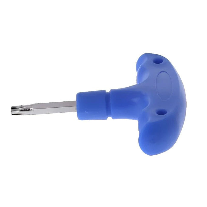 Blue golf club torque wrench with ergonomic T-handle and metal bit on white background