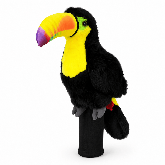 Plush golf headcover toucan with a colorful beak on a white background