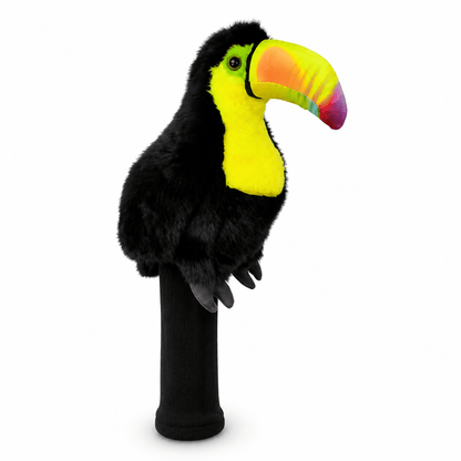 Plush toucan golf head cover with a colorful beak on a white background