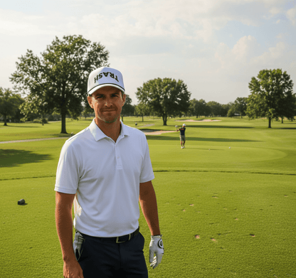 Man in golf attire on a golf course with trees in the background