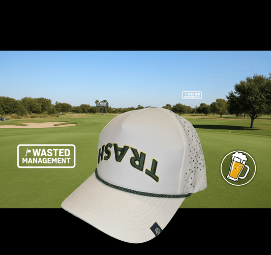 White cap with 'TRASH' text on a golf course background
