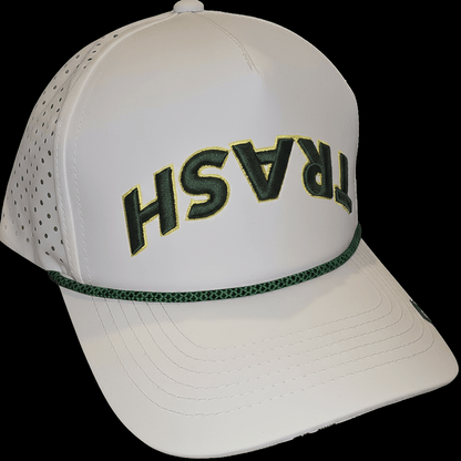 White cap with 'TRASH' text on a black background