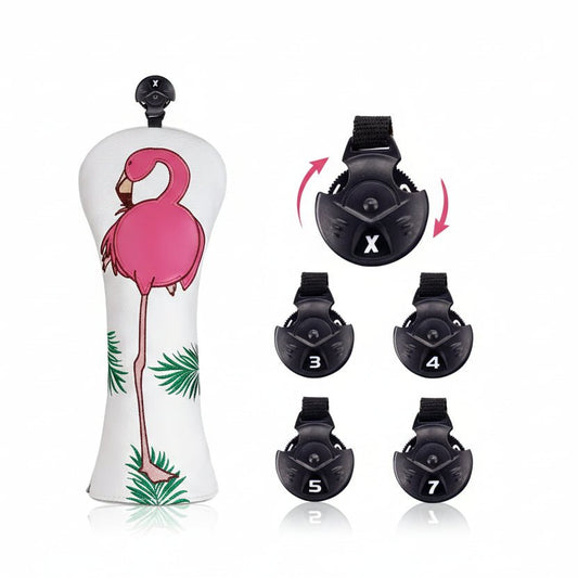 Golf club head cover with flamingo design and interchangeable tips on a white background