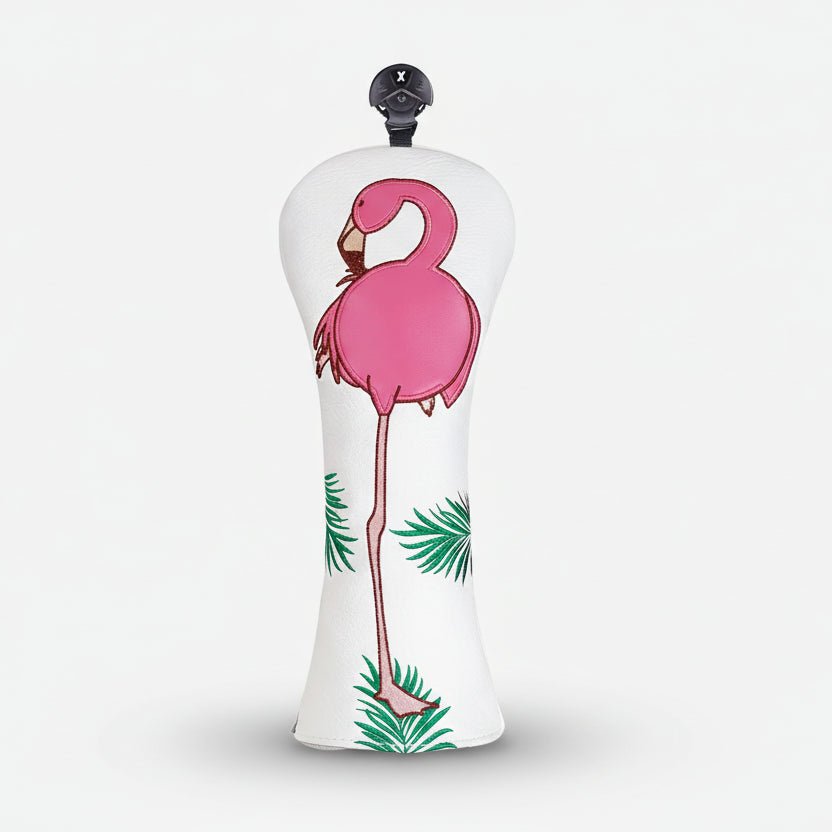 pink flamingo design on a white golf cover