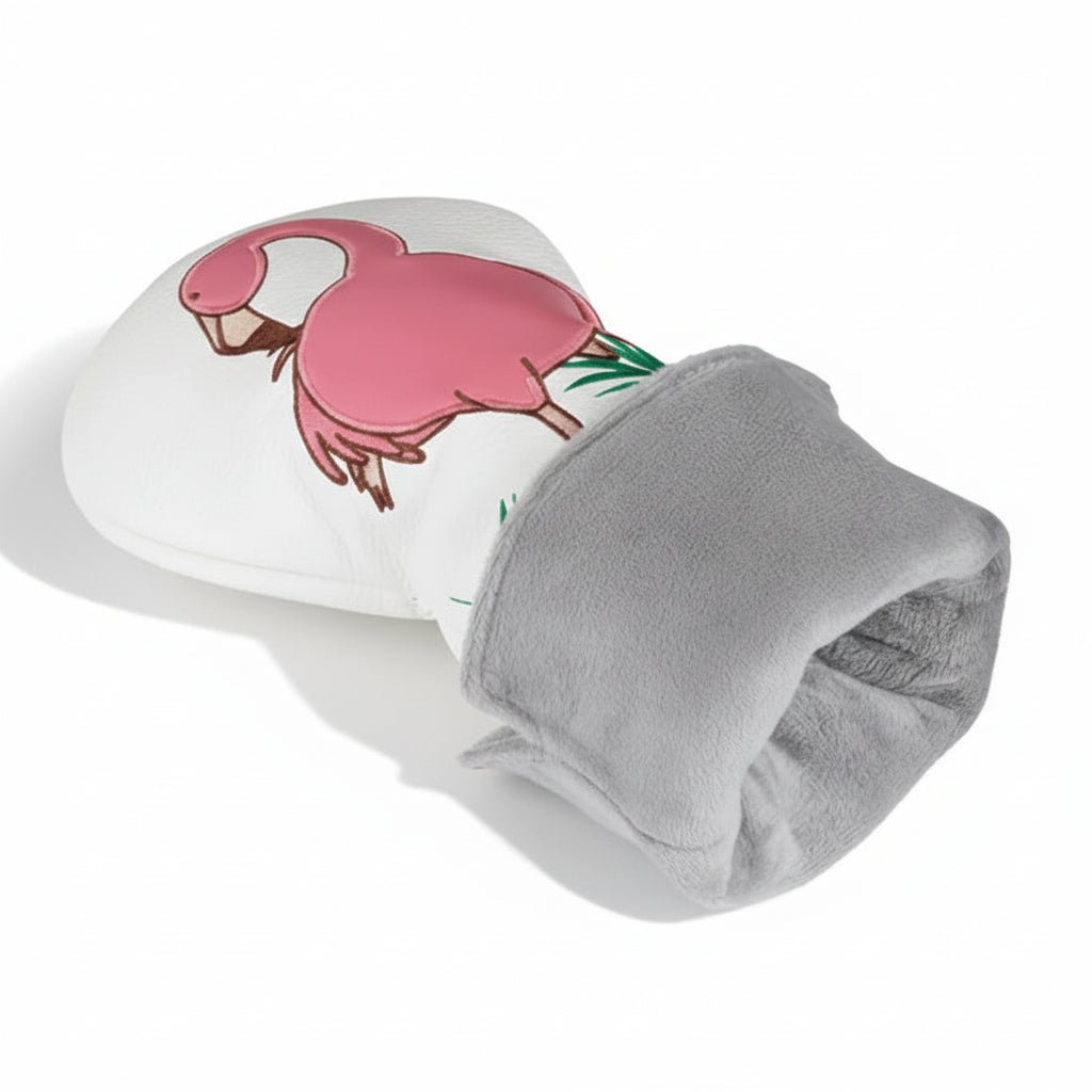 pink flamingo design golf head cover with grey soft interior 