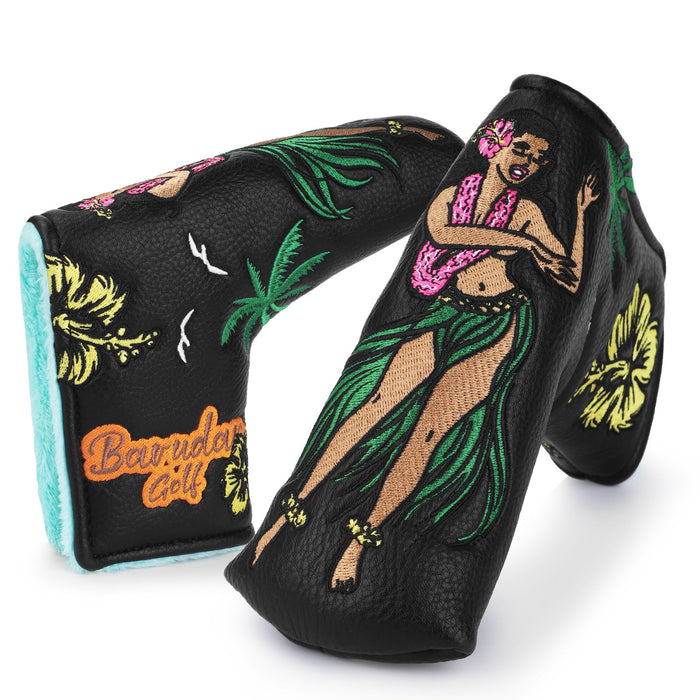 Golf club head cover with hula dancer design and 'Barudan Golf' branding on a white background