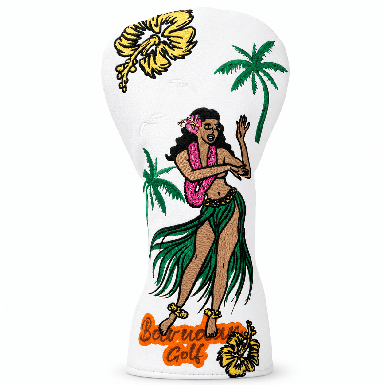 Golf club head cover with hula dancer design and palm trees on a white background